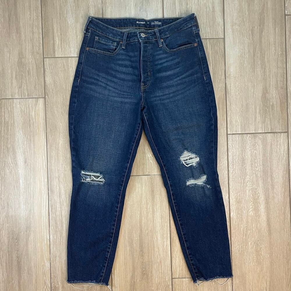 Old Navy High Rise OG Straight Jeans Size 12 Dark Wash Distressed Ankle